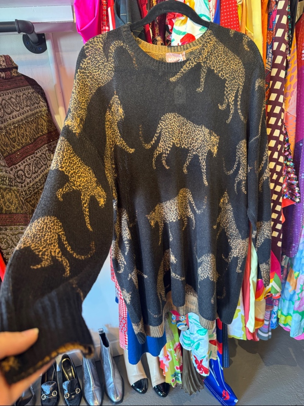 Show Me Your Mumu Black Oversized Light Knit Sweater with Leopard Print